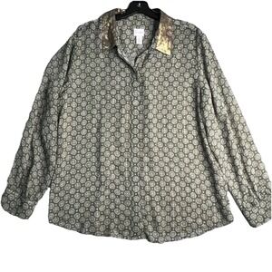 Chicos Geometric Sheer Gold Top Women's 3 (XL) Button Up Collared Blouse